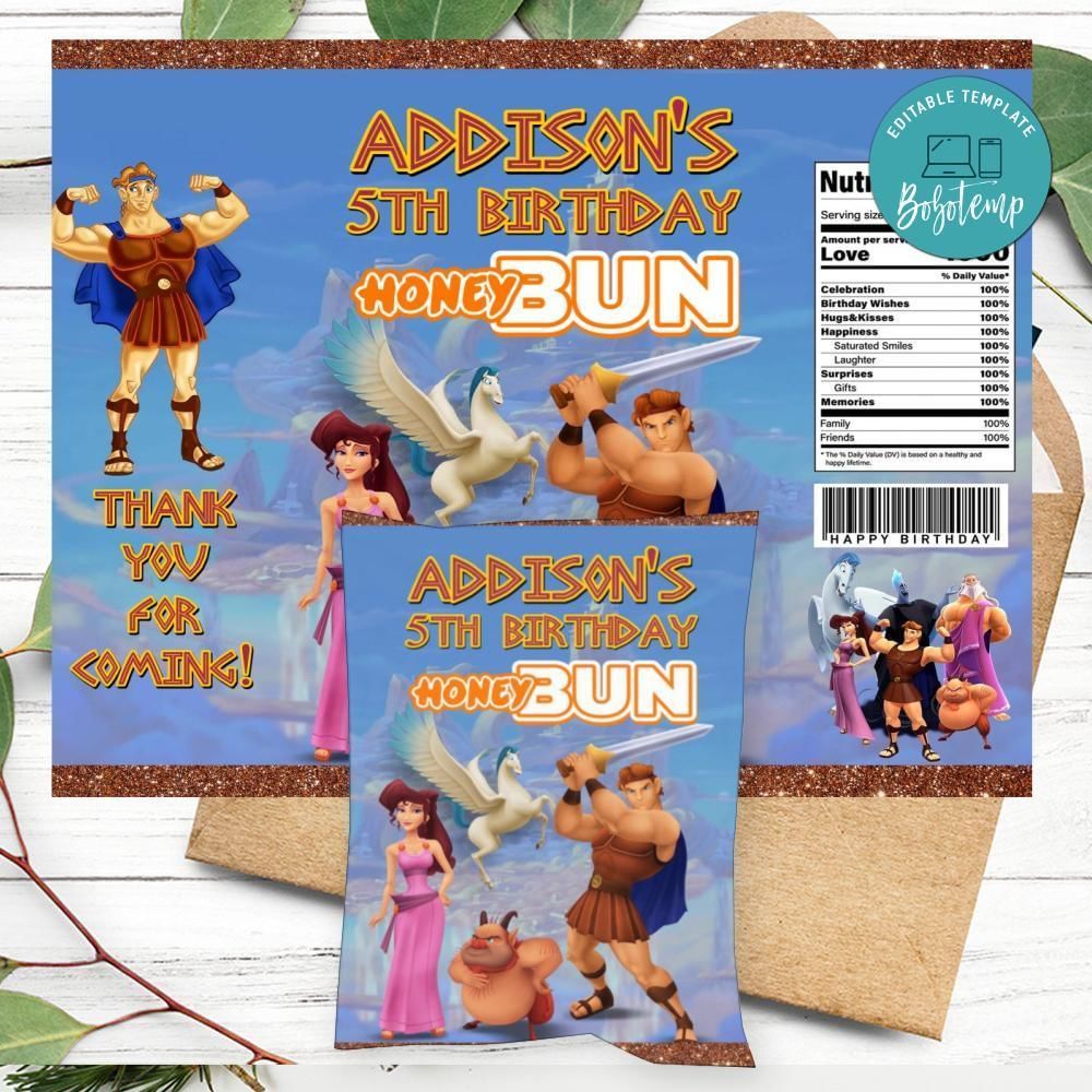 Hercules Birthday Honey Buns Snack Bag Label Customizable Instant Download