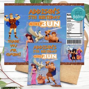 Hercules Birthday Honey Buns Snack Bag Label Customizable Instant Download