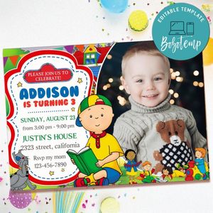 Caillou Birthday Invitation with Photo Customizable Template to Print at Home Instant Download