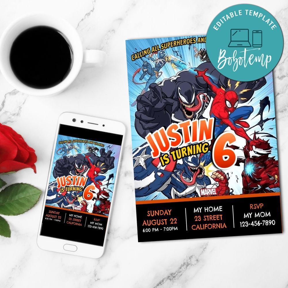 Spiderman And Venom Birthday Party Mobile Invite Customizable Template Instant Download