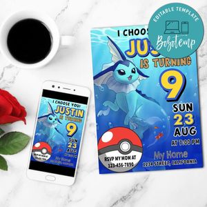 Vaporeon Birthday Flyer Customizable Template to Print at Home Instant Download