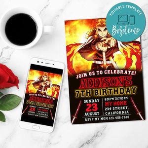 Demon Slayer Rengoku Birthday Invitation Customizable Template to Print at Home Instant Download