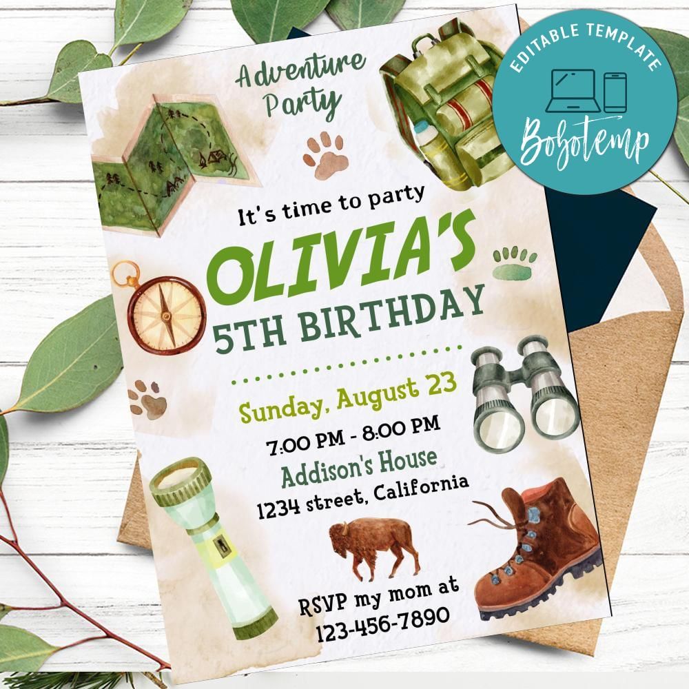 Adventure Birthday Invitation Customizable Template DIY | Bobotemp