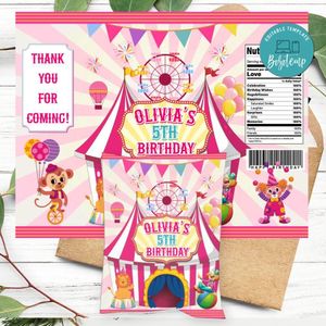 Pink carnival Birthday Party Chip Bag Digital File Printable Instant Download