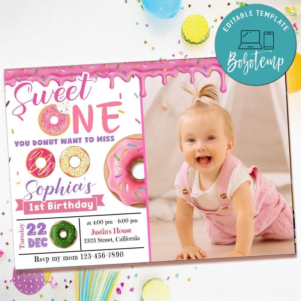 Sweet doughnut Birthday Invitation with Photo Customizable Template to Print at Home Instant Download