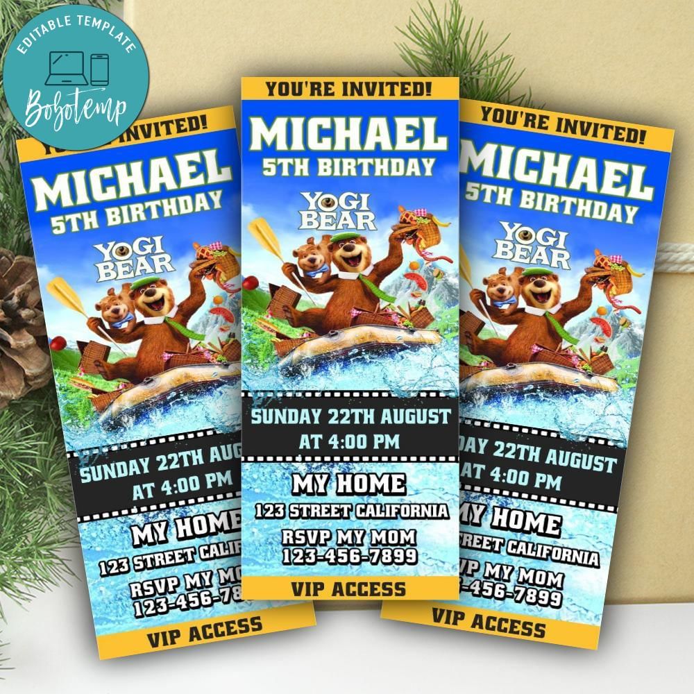 Yogi bear Ticket Invitation Customizable Template Bobotemp