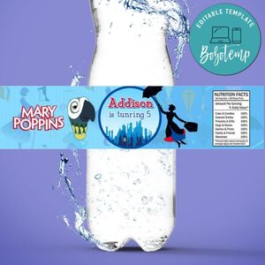 Mary Poppin Birthday Water Bottle Label Template to Print at Home Instant Download
