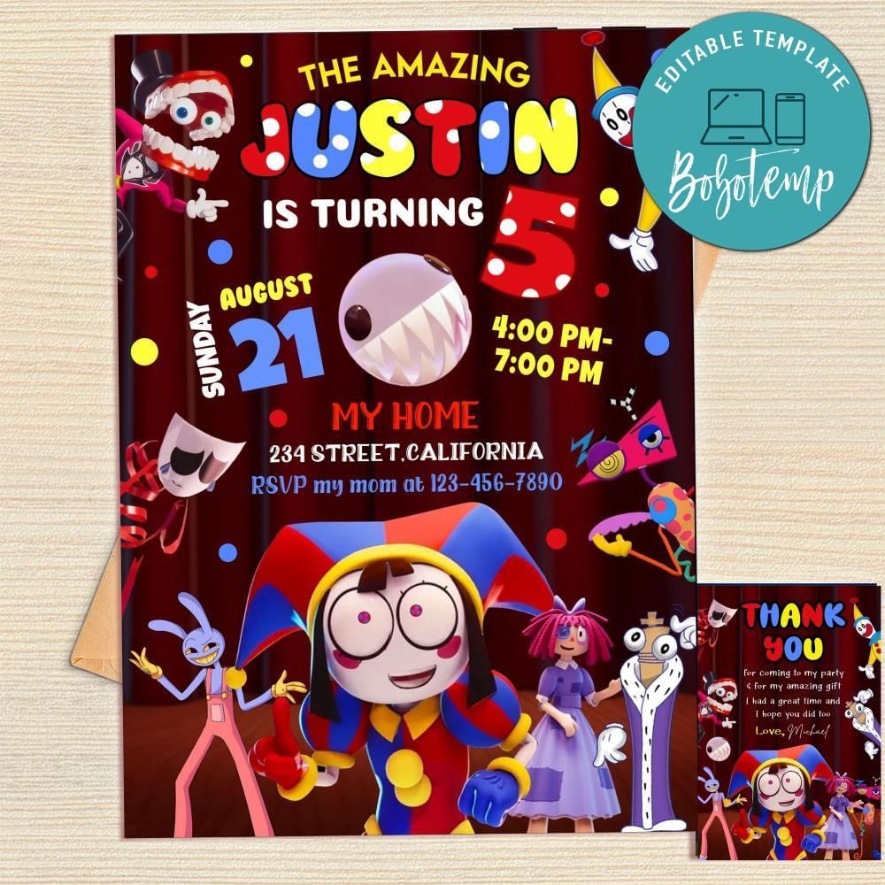 Digital Circus Invitation Template Free Thank You Card Printable