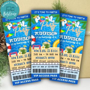 Pool Party Ticket Invite Customizable Template Instant Download
