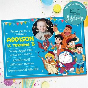 Doraemon 44 Birthday Invitation with Photo Customizable Template to Print at Home Instant Download