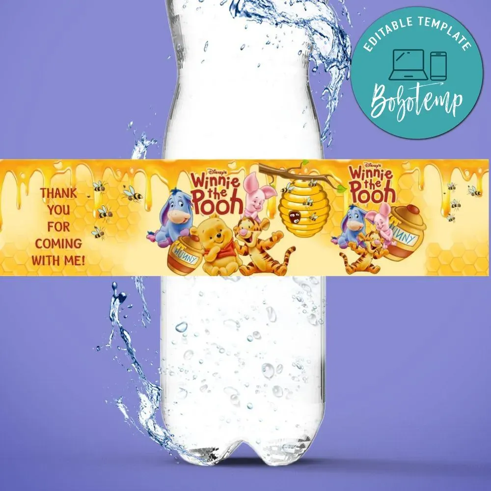 Winnie the Pooh Classic Birthday Water Bottle Label Template | Bobotemp