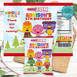 Noodle & Pals Birthday Honey Buns Snack Bag Label Customizable Instant Download
