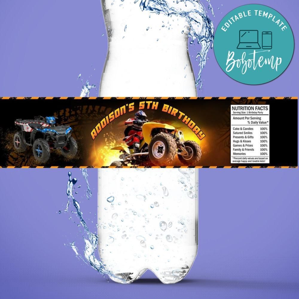 ATV Bottle Label Birthday Water Bottle Label Template to Print at Home Instant Download