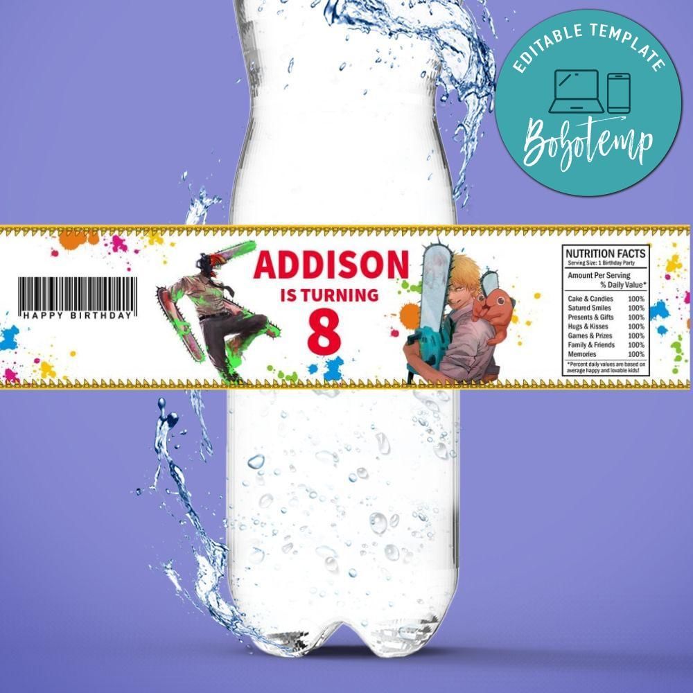 Chainsaw man Birthday Water Bottle Label Template to Print at Home Instant Download