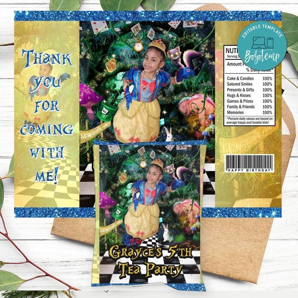 Alice in Wonderland custom photo Birthday Chip Bag Label Customizable Instant Download