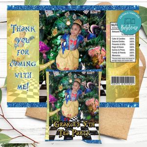 Alice in Wonderland custom photo Birthday Chip Bag Label Customizable Instant Download