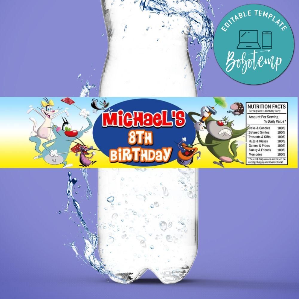 Oggy Birthday Water Bottle Label Template to Print at Home Instant Download