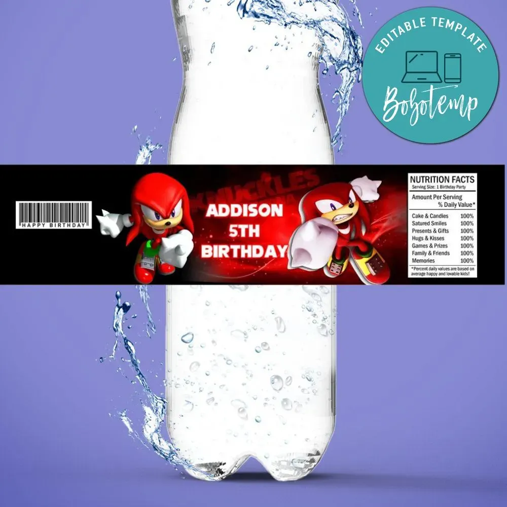 Knuckles Birthday Water Bottle Label Template | Bobotemp
