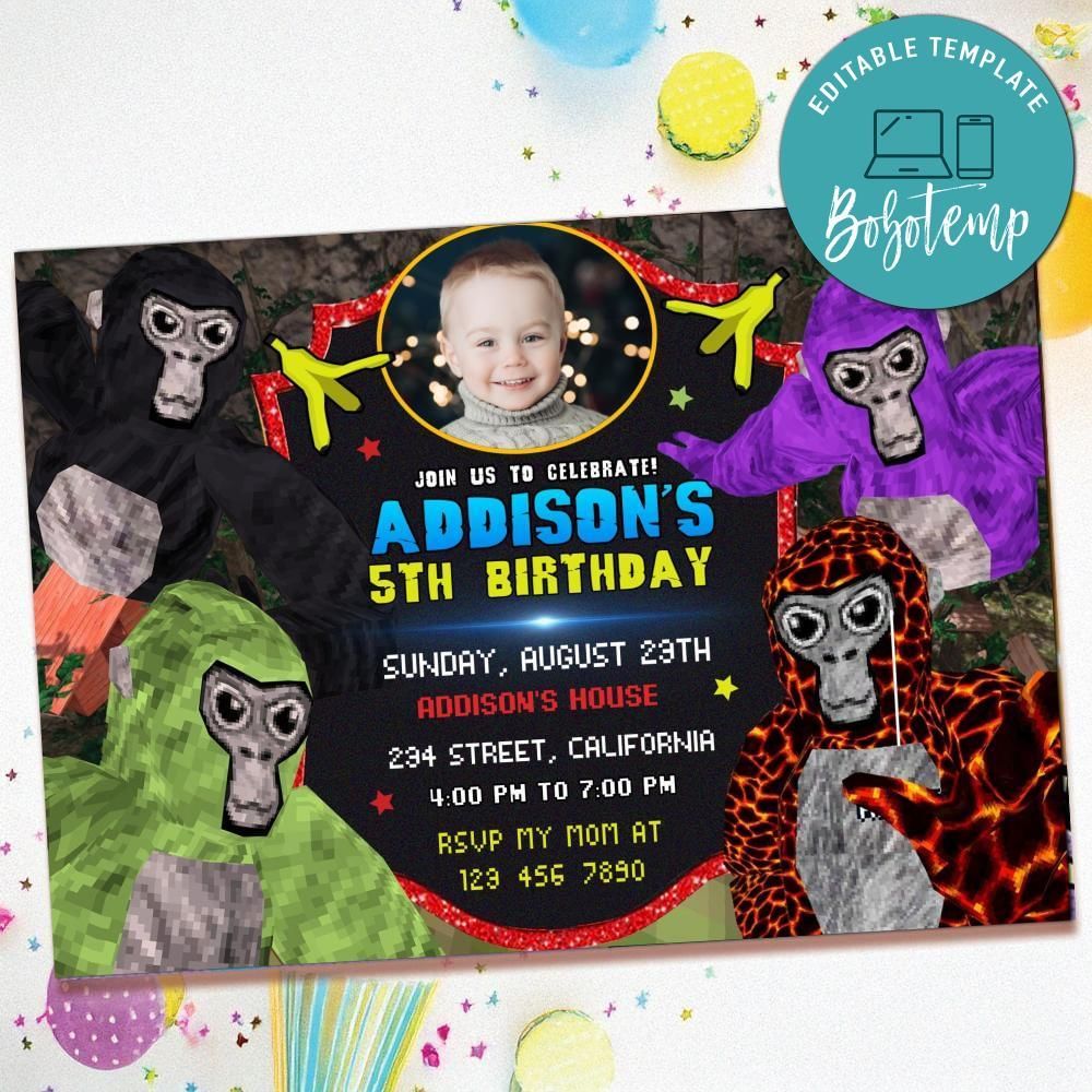 Gorilla Tag Birthday Invitation with Photo Customizable Template to Print at Home Instant Download