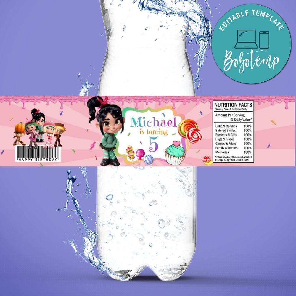 Vanellope Birthday Water Bottle Label Template to Print at Home Instant Download