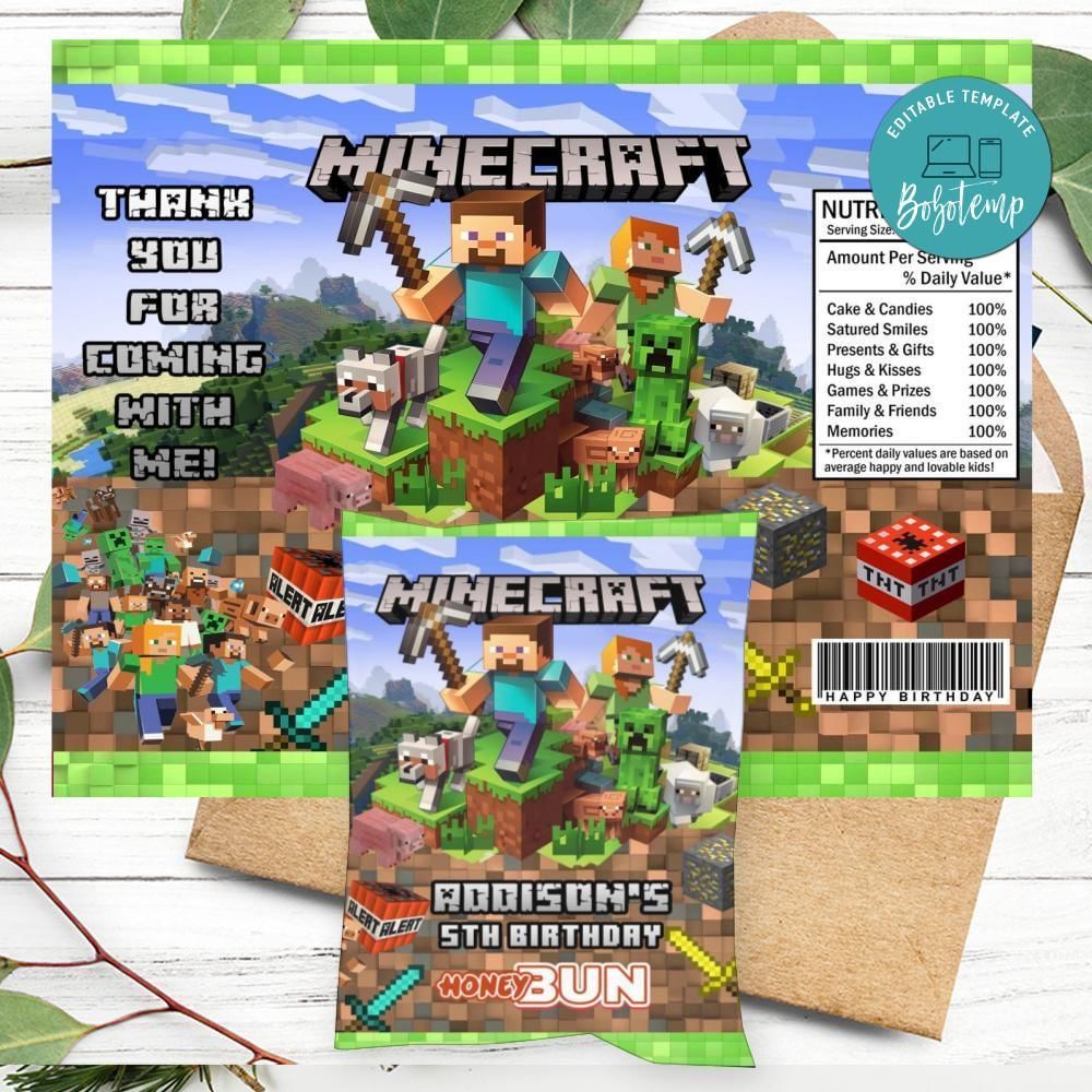 Minecraft Birthday Honey Buns Snack Bag Label Customizable Instant Download