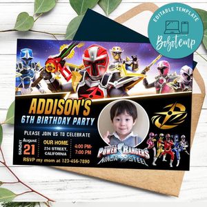Power ranger ninja steel Birthday Invitation with Photo Customizable Template to Print at Home Instant Download
