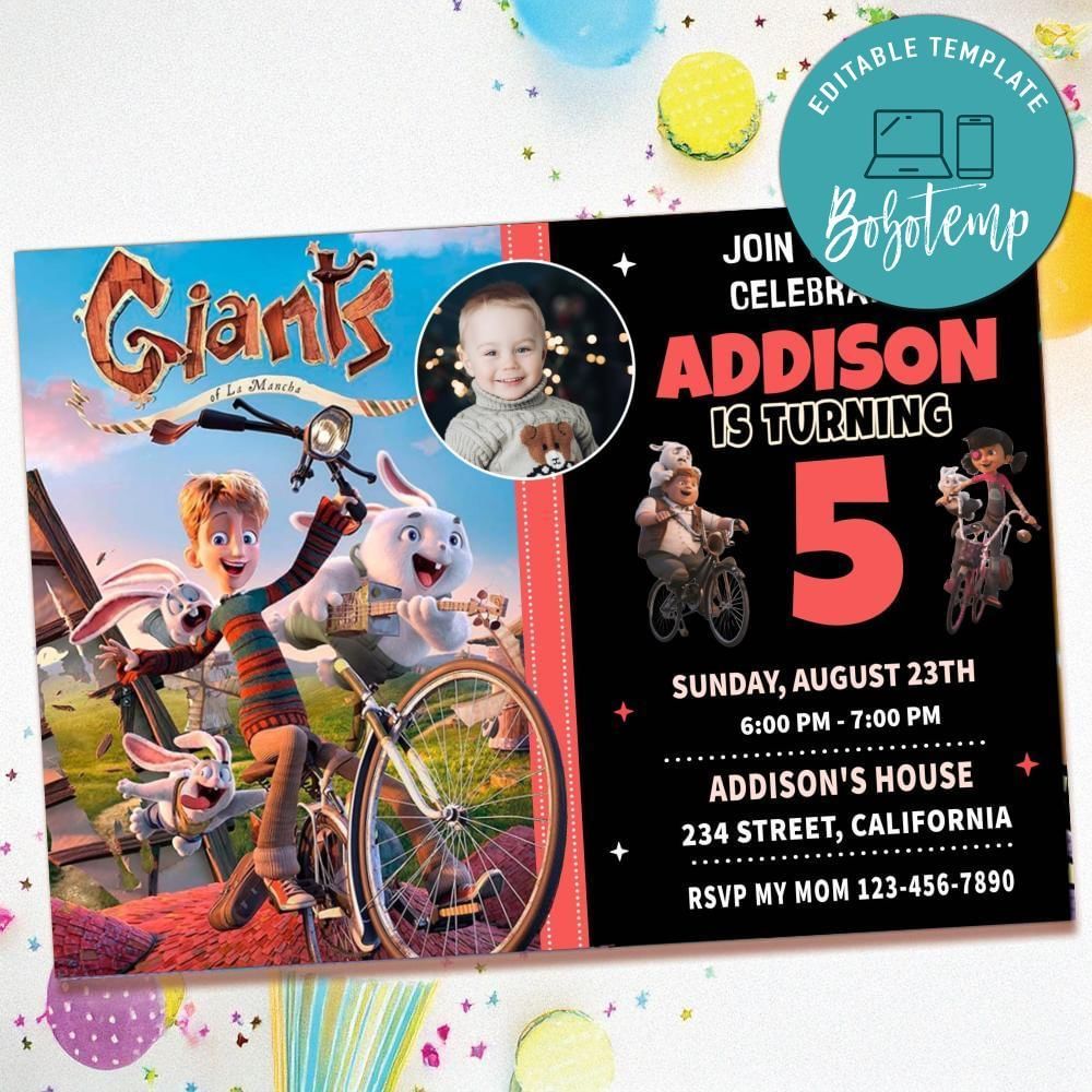 Giants of la Mancha Birthday Invitation with Photo Customizable Template to Print at Home Instant Download