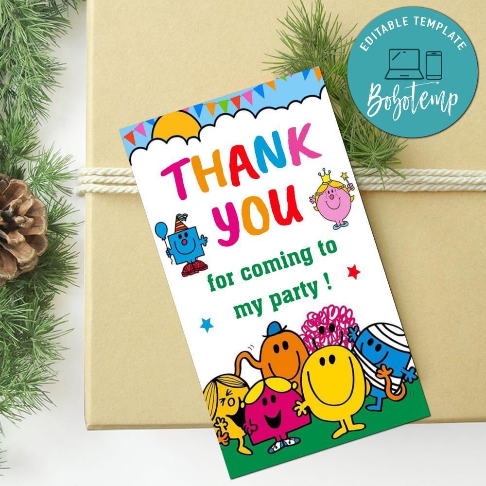 Little Miss Mr. Men Thank You Tag Customizable Template To Print At Home Instant Download