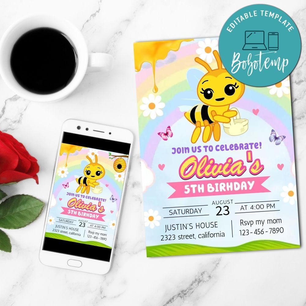 Abejita Chiquitita Birthday Invitation Customizable Template to Print at Home Instant Download