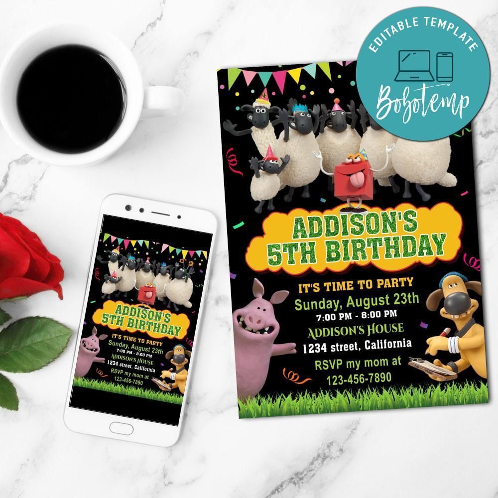 Shaun The Sheep Mobile Invite Customizable Template Instant Download