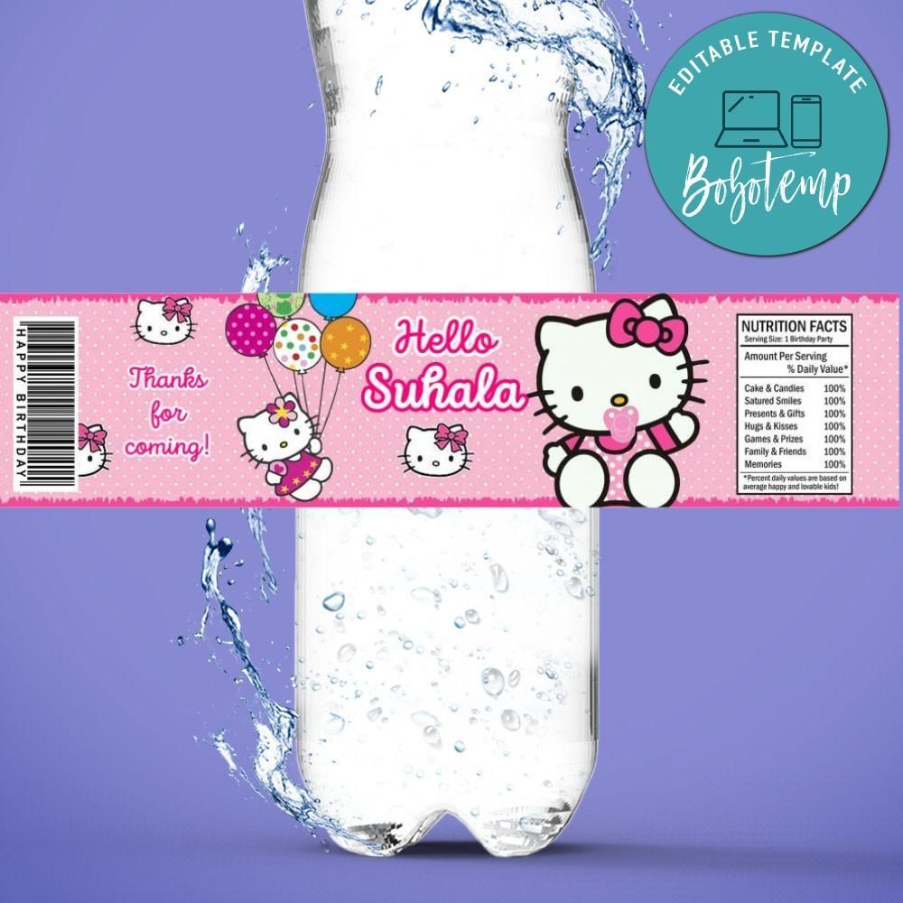 Hello Kitty Baby Shower Water Bottle Label Template to Print at Home Instant Download