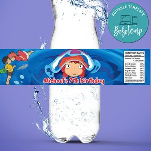 Ponyo Birthday Water Bottle Label Template to Print at Home Instant Download