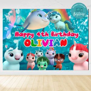 Not Quite Narwhal Birthday Backdrop Digital File Template Instant Download