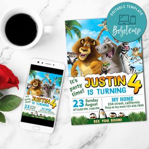 Madagascar Birthday Mobile Invite Customizable Template Instant Download