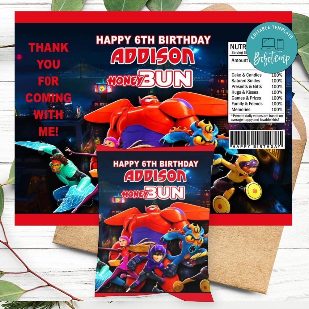 Big Hero 6 Birthday Honey Buns Snack Bag Label Customizable Instant Download