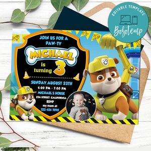 Rubble paw patrol Birthday Invitation with photo Customizable Template to Print at Home Instant Download
