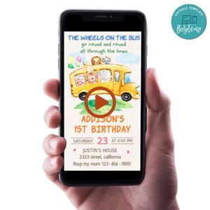 School bus animals Birthday Video Invitation Digital Template Customizable Instant Download
