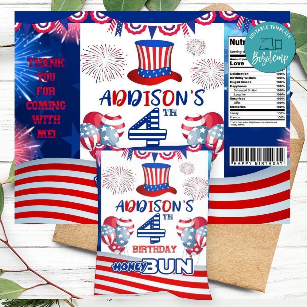 4th Of July Birthday Honey Buns Snack Bag Label Customizable Instant Download