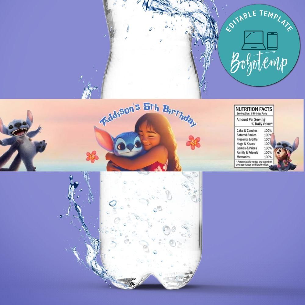 Lilo and stitch 2025 Birthday Water Bottle Label Template to Print at Home Instant Download