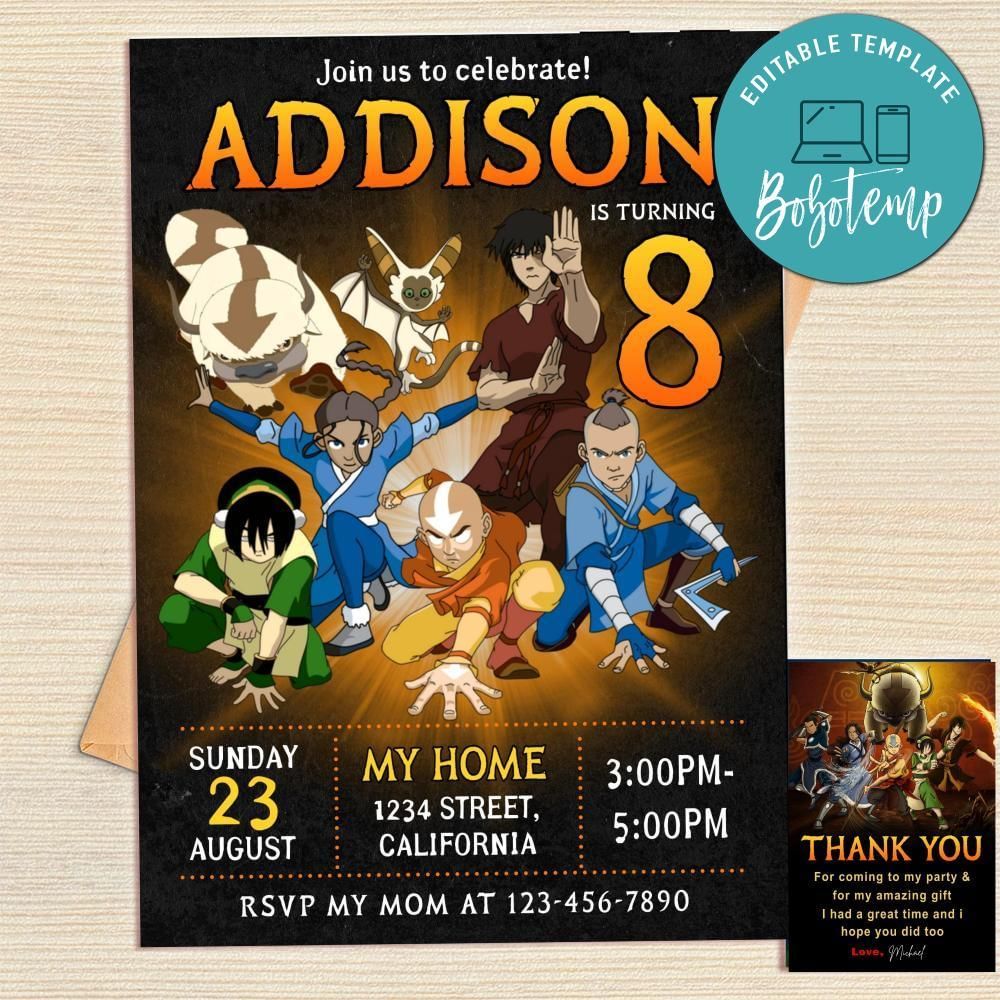 Avatar Airbender Invitation Template Free Thank You Card Printable