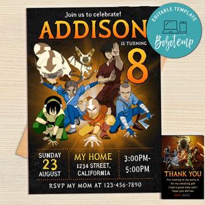 Avatar Airbender Invitation Template Free Thank You Card Printable