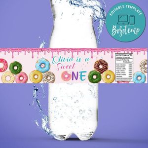 Sweet doughnut Birthday Water Bottle Label Template to Print at Home Instant Download