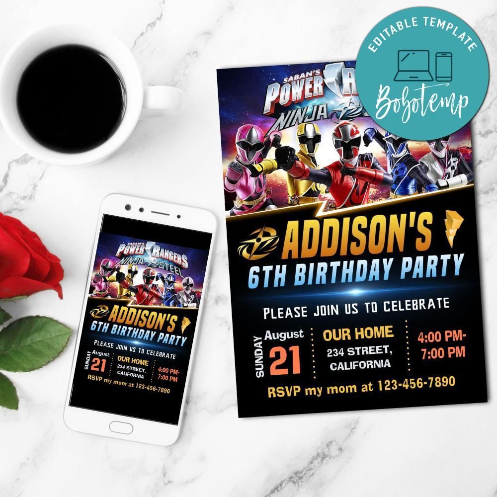 Power Ranger Ninja Steel Mobile Invite Customizable Template Instant Download