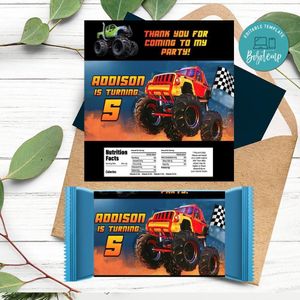 Monster Truck Candy Bar Label Customizable Template Instant Download