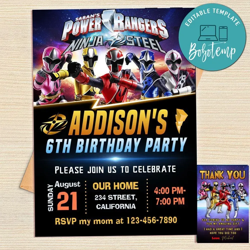 Power Ranger Ninja Steel Invitation Template Free Thank You Card ...
