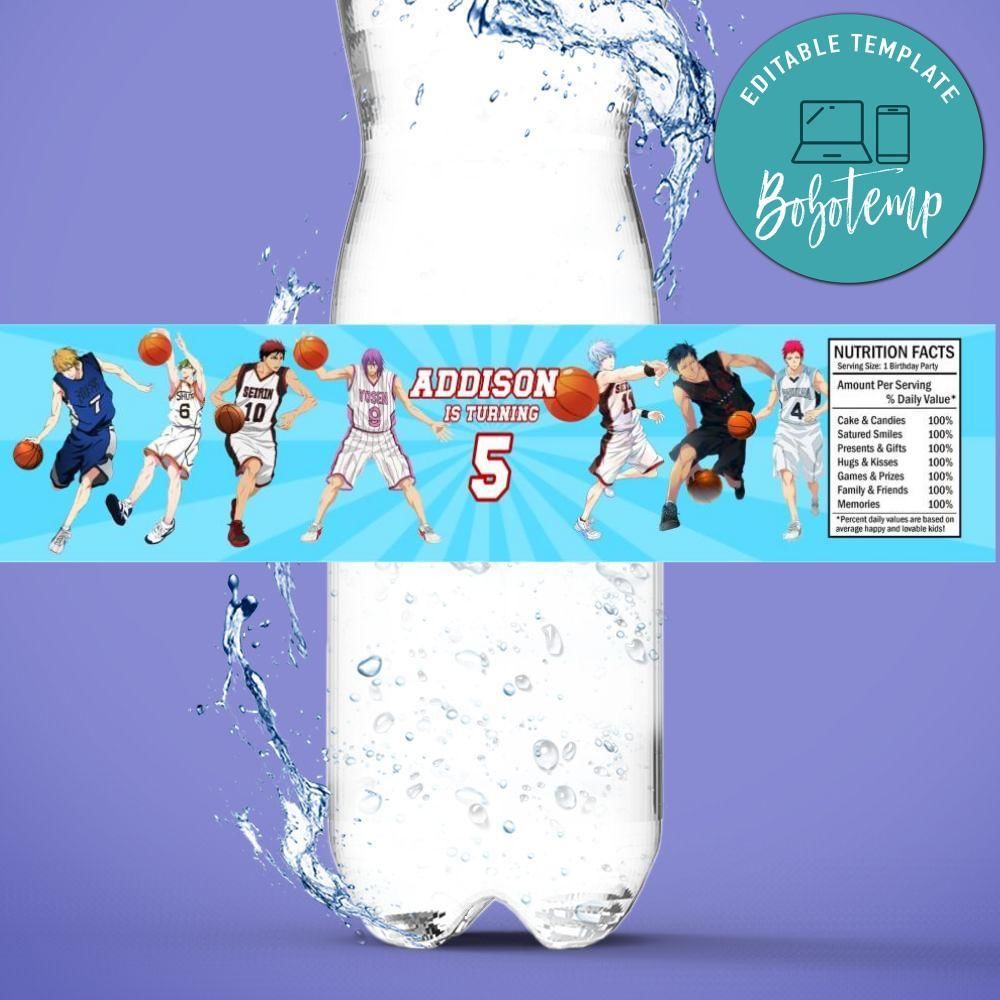Kuroko's Basketball Birthday Water Bottle Label Template to Print at Home Instant Download