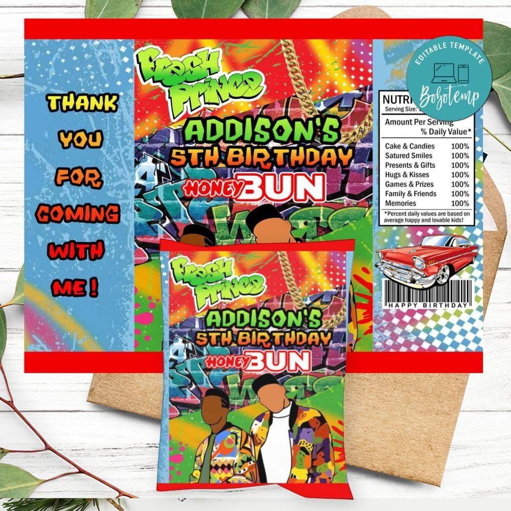 Fresh Prince Birthday Honey Buns Snack Bag Label Customizable Instant Download