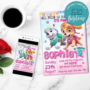 Girl Paw Patrol Digital Invitation Customizable Template to Print at Home Instant Download
