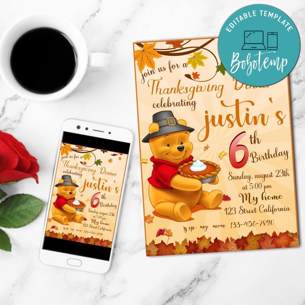Great Winnie The Pooh Thanksgiving Birthday Mobile Invite Customizable Template Instant Download