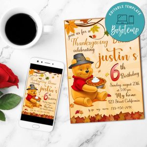Great Winnie The Pooh Thanksgiving Birthday Mobile Invite Customizable Template Instant Download